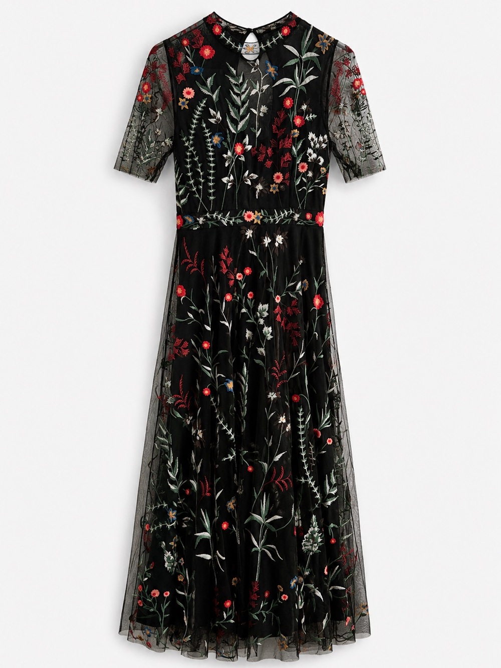 Ranna Gill Black Maxi Dress with Red and Green Floral Embroidery
